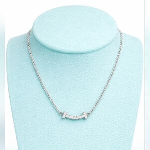 Tiffany & Co Mini T Smile Diamond Necklace 18k White Gold AU 750 16" - 18" Chain